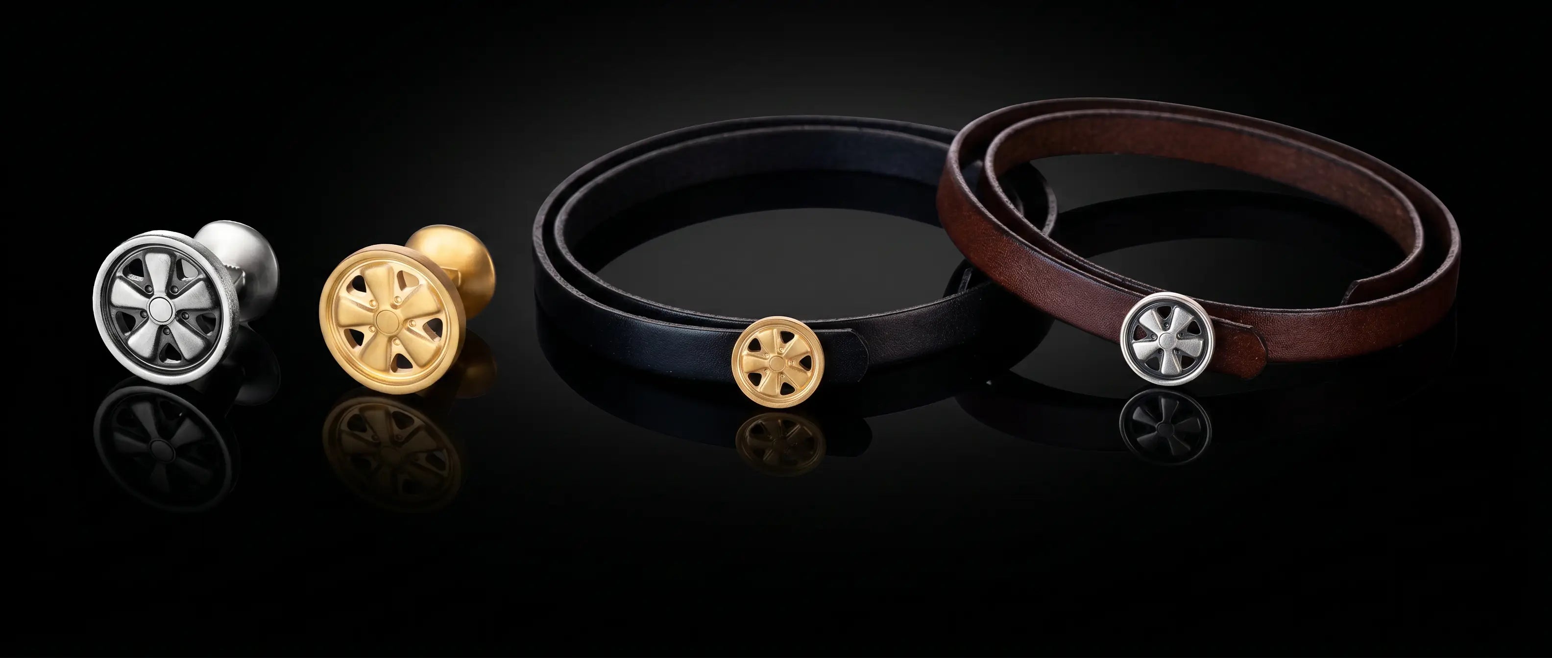 Unser Fegensortiment: Die Produktpallet aus Maschettenknöpfen und Lederarmbändern.